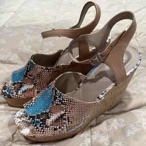 Charles by Charles David Blue and Tan Snake-Print Wedge Sandals
